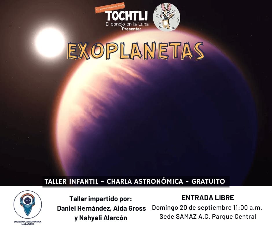 Cartel de Tochtli: Exoplanetas, domingo 20 de septiembre, 11:00 a.m., Sede SAMAZ, Parque Central. Un planeta púrpura brilla junto a su estrella.