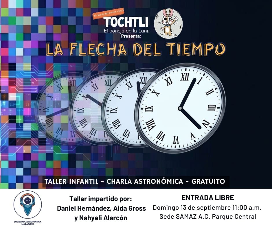 Cartel de Tochtli: La flecha del tiempo, domingo 13 de septiembre, 11:00 a.m., Sede SAMAZ, Parque Central. Varios relojes se desvanecen sobre un fondo de píxeles de colores.