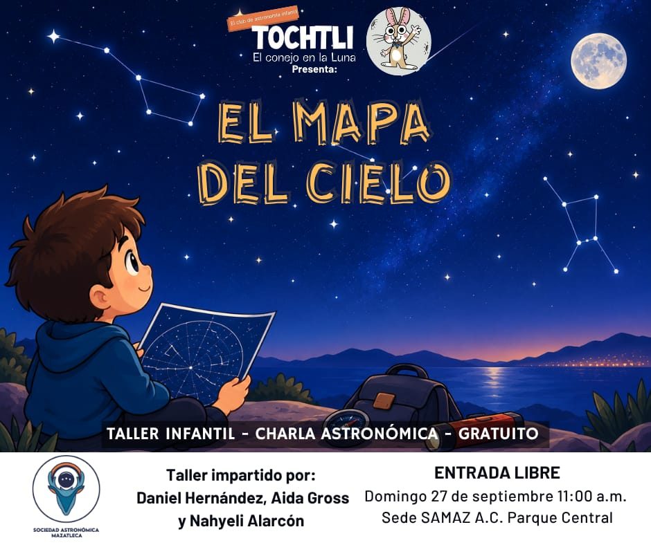 Cartel de Tochtli: El mapa del cielo, domingo 27 de septiembre, 11:00 a.m., Sede SAMAZ, Parque Central. Un niño mira un mapa de estrellas frente al mar.