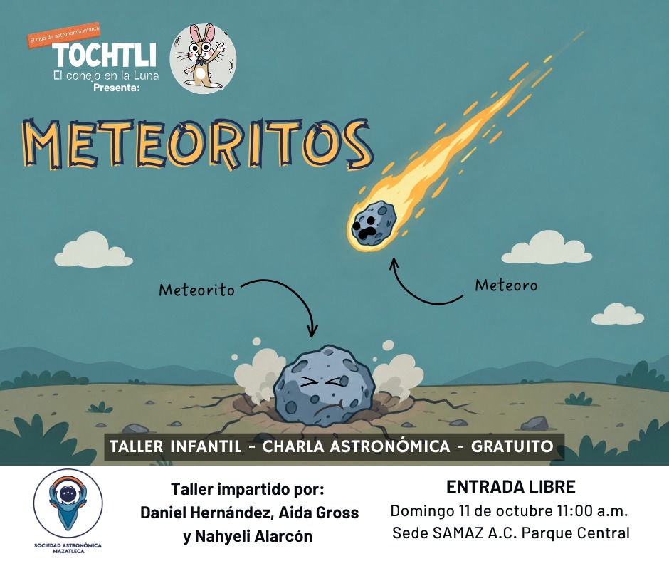 Cartel de Tochtli: Meteoritos, domingo 11 de octubre, 11:00 a.m., Sede SAMAZ, Parque Central. Un meteoro con cola de fuego cae del cielo y un meteorito descansa en el suelo.